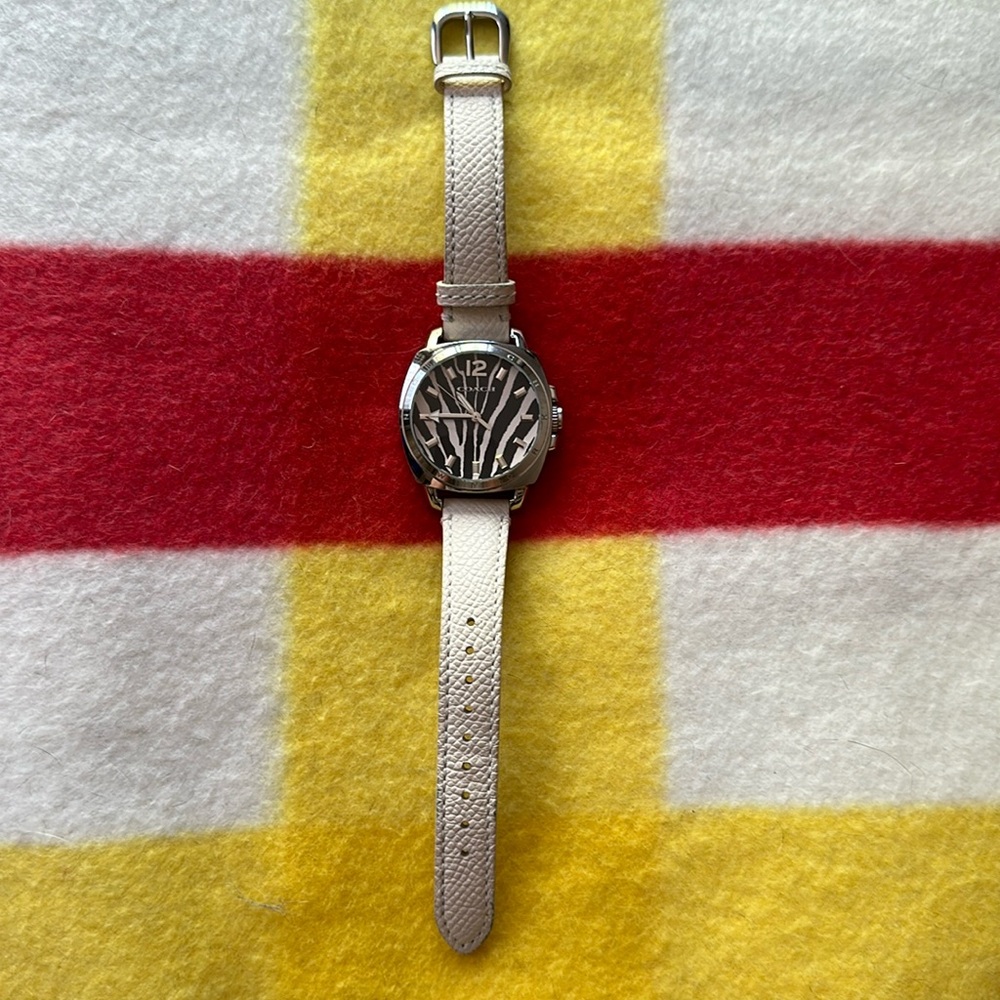 Coach Women's Watch Quartz Zebra Dial Cream Leather Strap